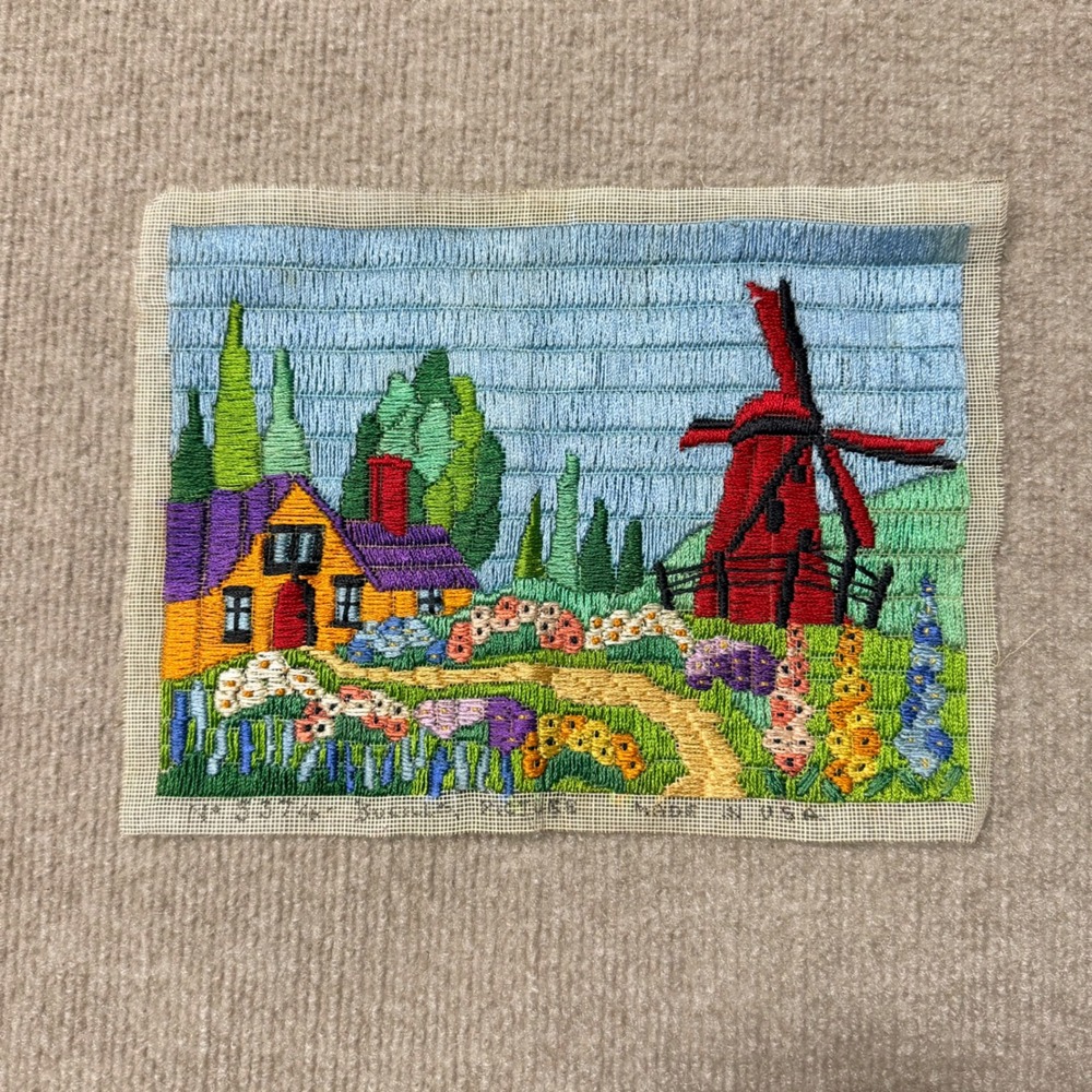 Vintage Sunset Pictures Needlepoint Windmill Cottage Landscape Made in USA 3374‎